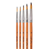 A set of nine round paint brushes with varying sizes and tapered tips, featuring orange handles.