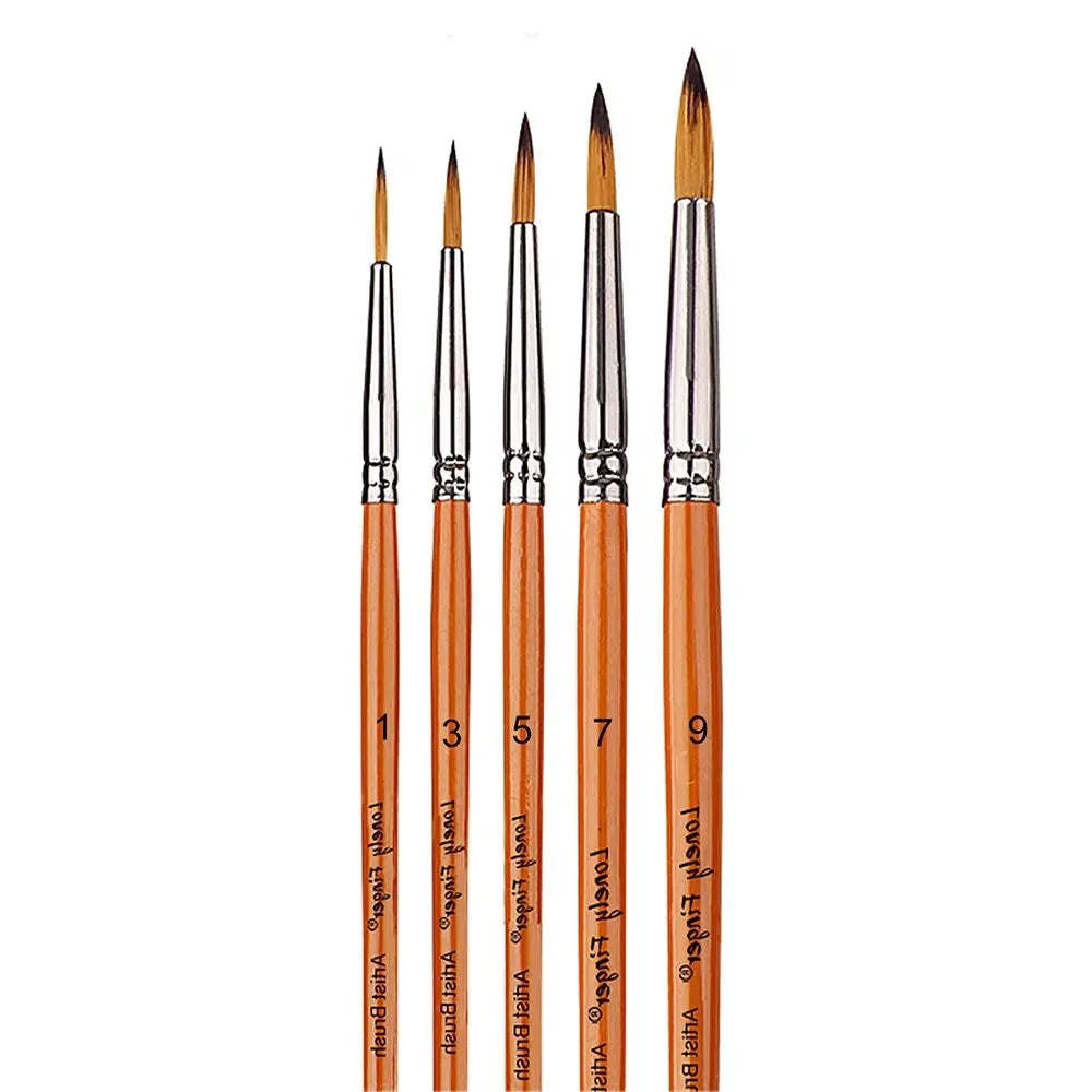 A set of nine round paint brushes with varying sizes and tapered tips, featuring orange handles.