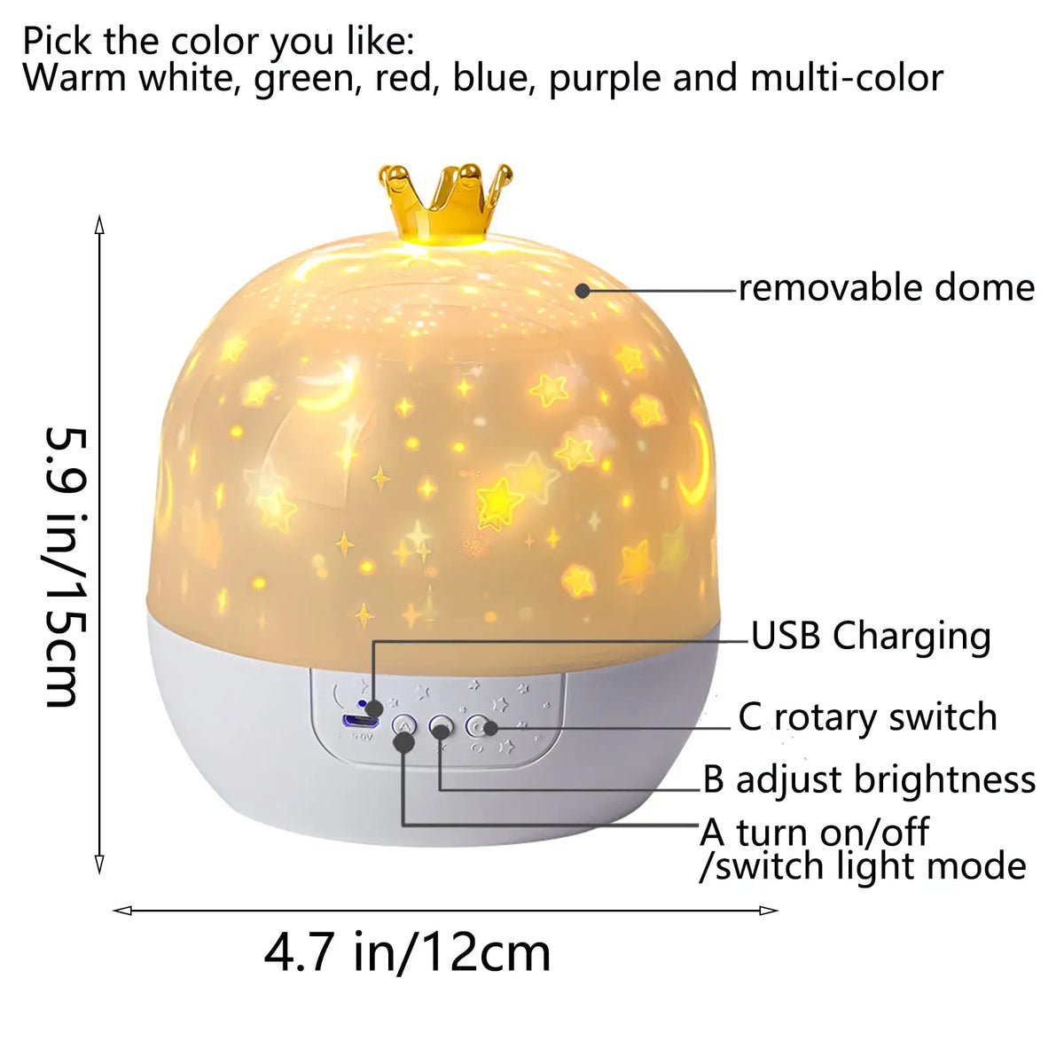 A white projector night light with a removable dome, featuring USB charging and controls for brightness and light mode.
