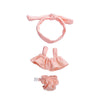 A pink 3-piece doll outfit set for a baby doll, including a headband, a ruffled top, and bottoms.