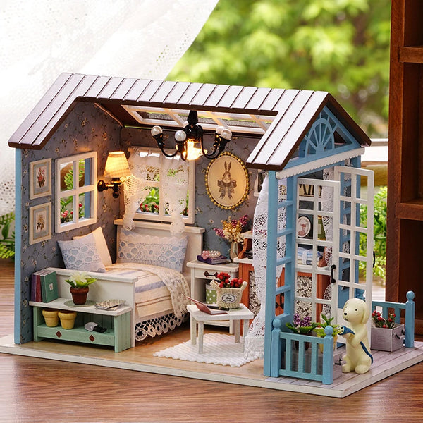 DIY Miniature Wooden Dollhouse Kit with LED Lighting