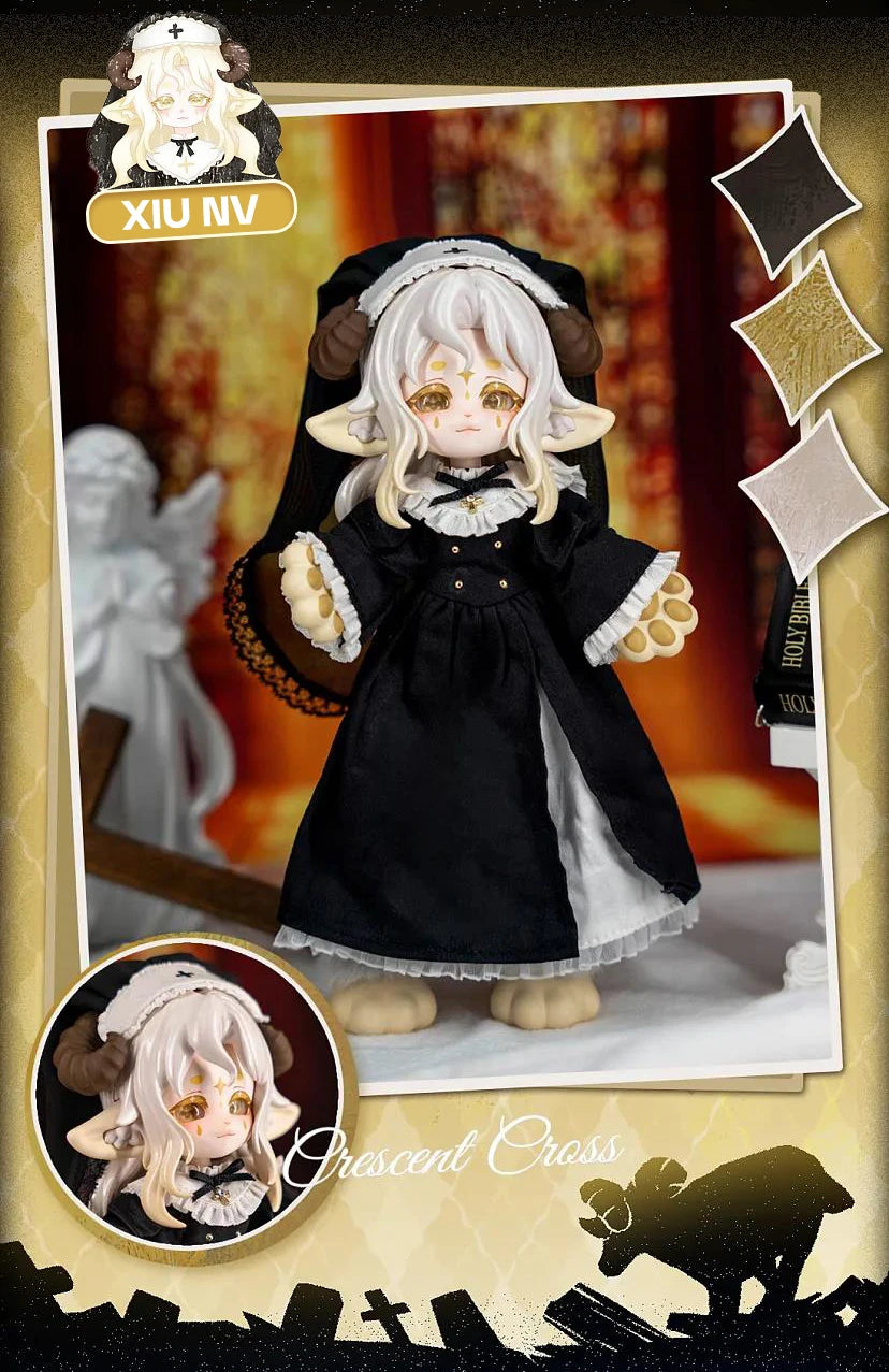 A 1/12 scale Lunar-themed posable doll blind box featuring a white-haired figure in a black dress and hood.