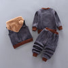 A gray fleece hooded sweater set for kids with a brown bear design, featuring a sherpa collar.