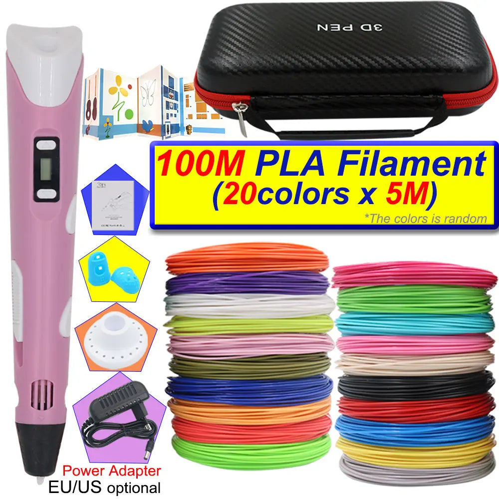 A pink 3D printing pen with an LCD display and a black carrying case, surrounded by various colored PLA filaments.
