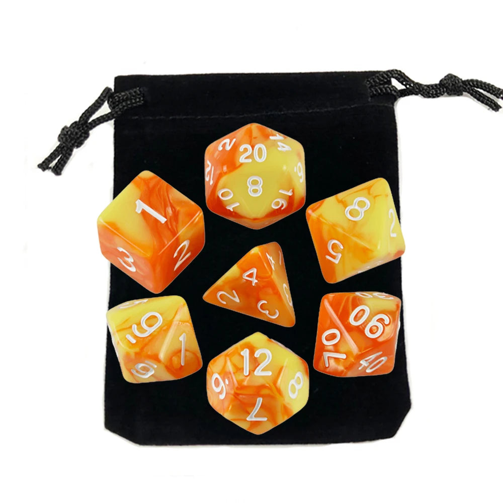 A set of polyhedral dice, including a d20 and d12, stored in a black fabric bag.
