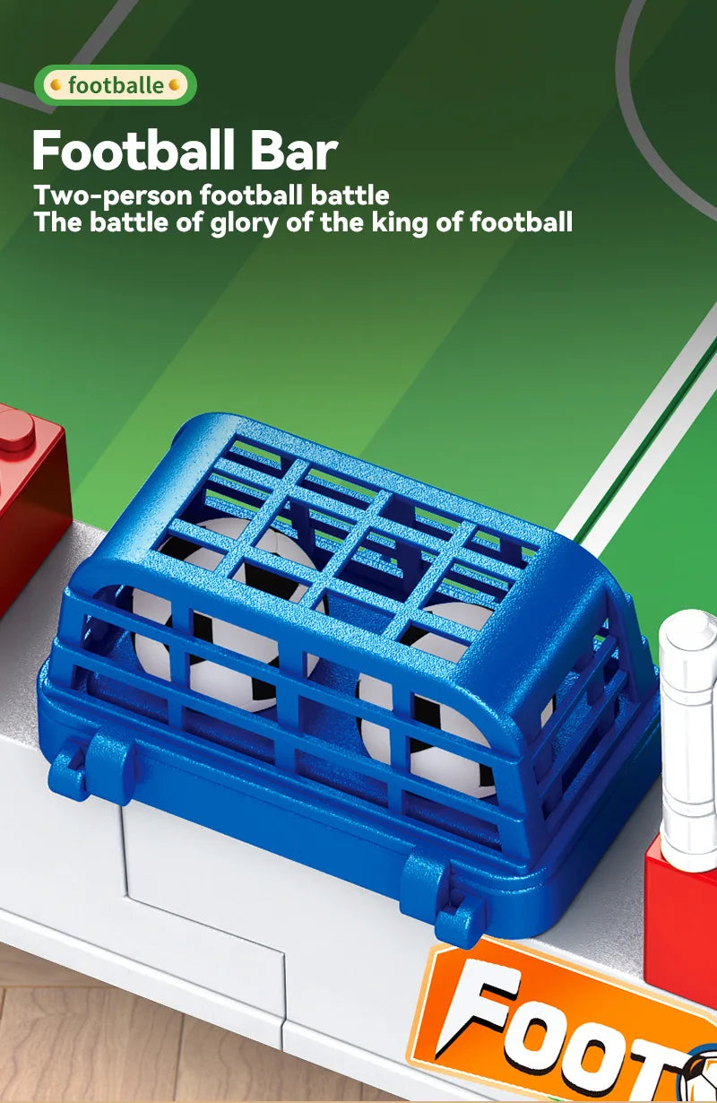 A blue tabletop foosball bar with white balls is shown on a white surface.