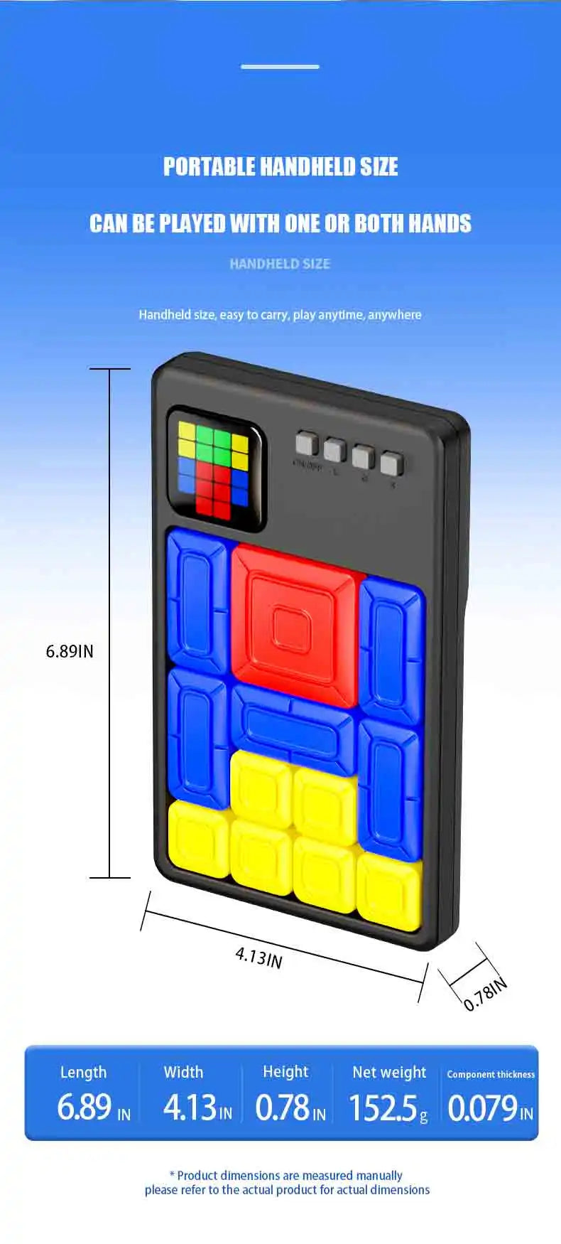 Portable handheld slide puzzle game with colorful blocks and a screen for entertainment