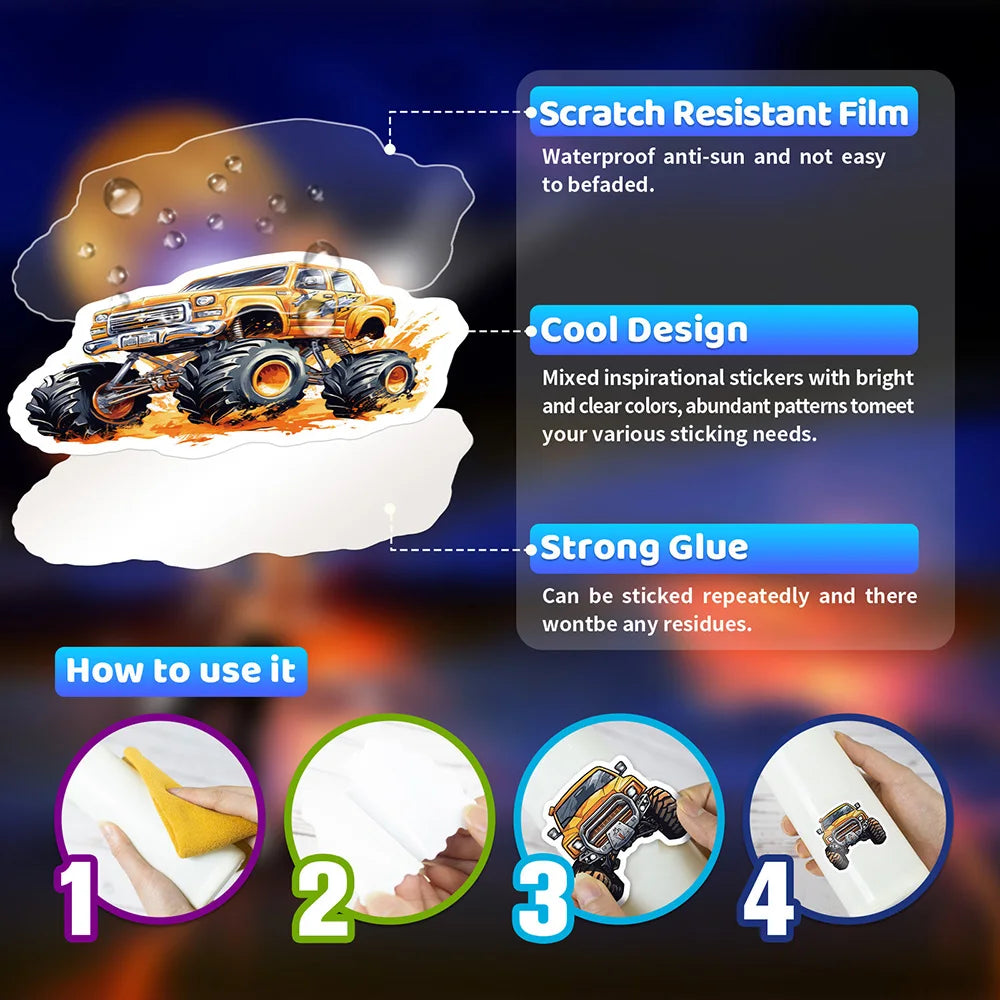 A set of colorful monster truck cartoon stickers demonstrating the features of a scratch resistant film, cool design, and str