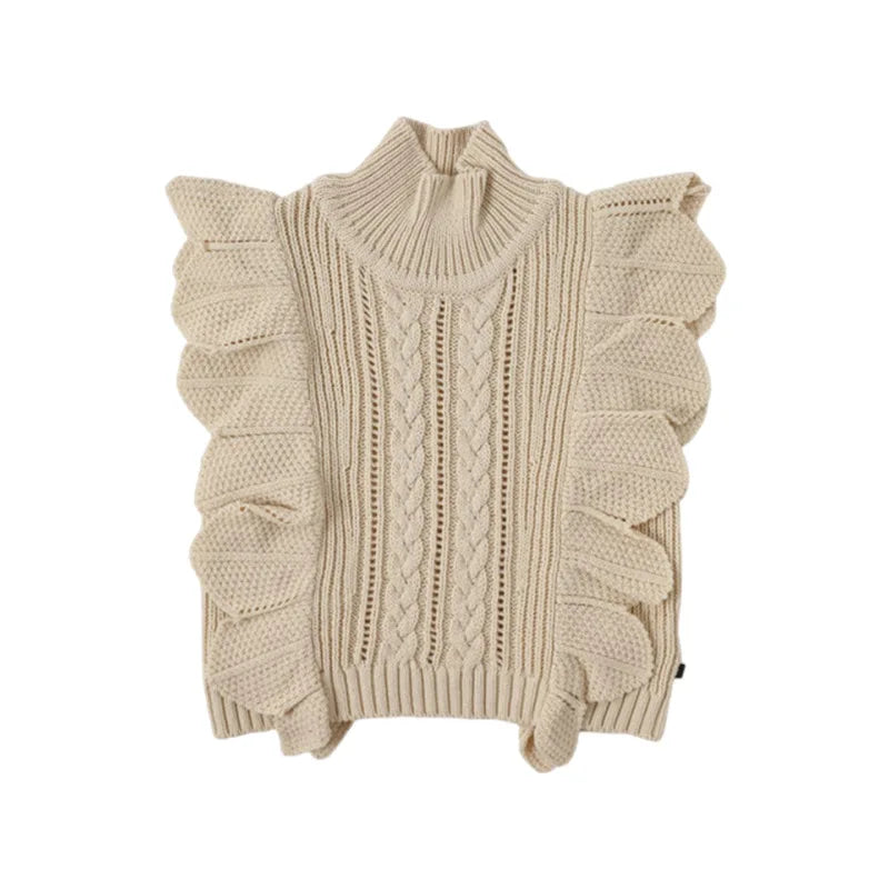 A beige knit sweater and pants set for a toddler, featuring a textured, ribbed design.