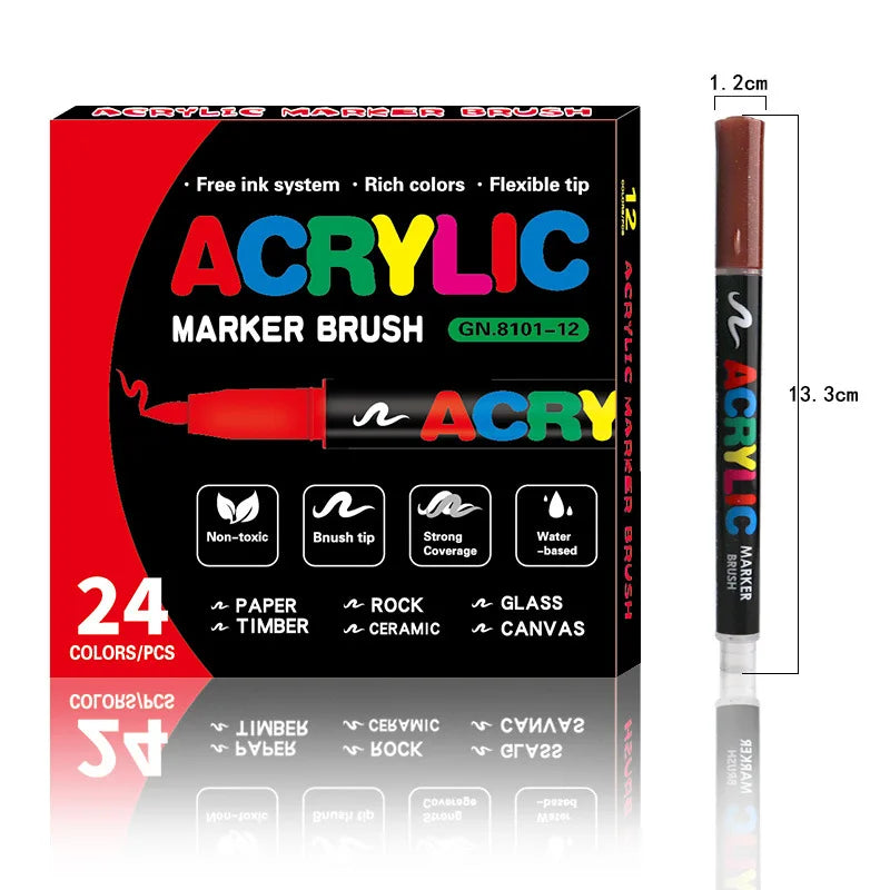 A set of acrylic marker brushes with various colors and flexible tips for art projects