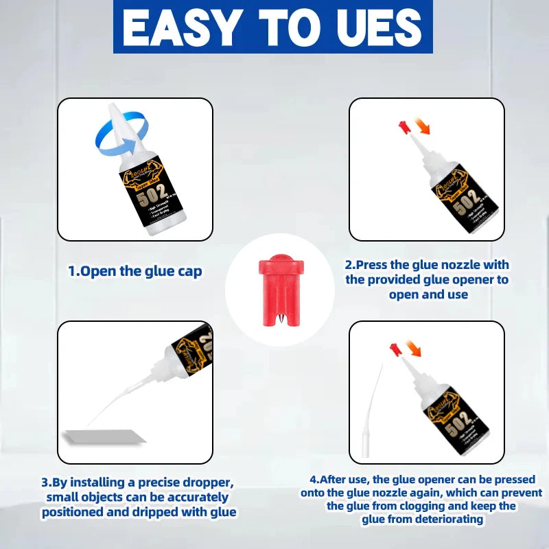 Instructions showing how to open, use, and install a dropper for the Instant Bond Super Glue.