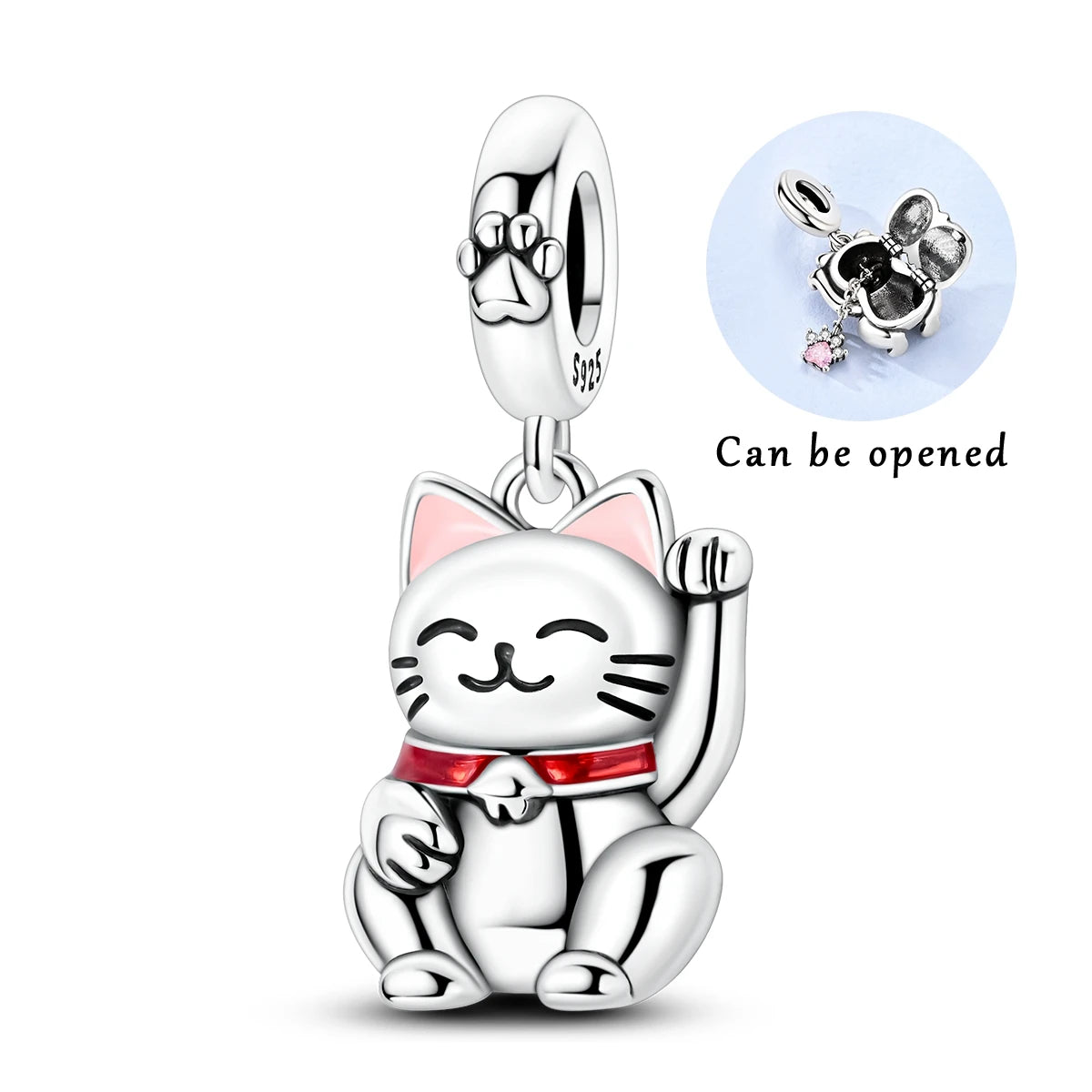Silver cat charm bead with pink zircon and an opening mechanism