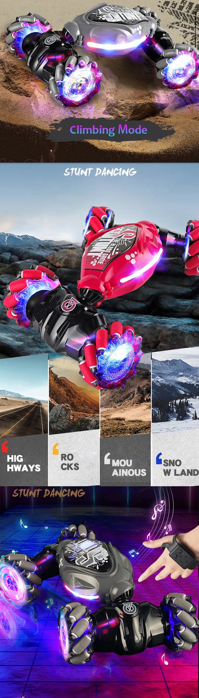 A black and red RC stunt car with LED lights is shown in climbing mode and stunt dancing poses.