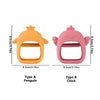 Two silicone teethers for babies, Type A Penguin and Type B Chick, in orange and pink colors.
