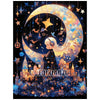 A diamond painting illustration of a girl with long white hair standing in front of a large crescent moon surrounded by stars