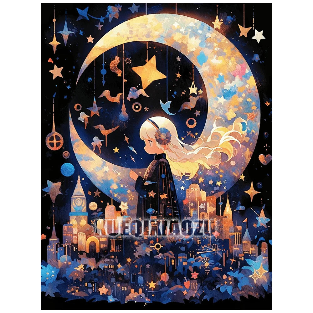 A diamond painting illustration of a girl with long white hair standing in front of a large crescent moon surrounded by stars