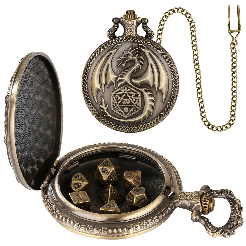 A brass steampunk dragon pocket watch dice case with a hinged lid and a chain.