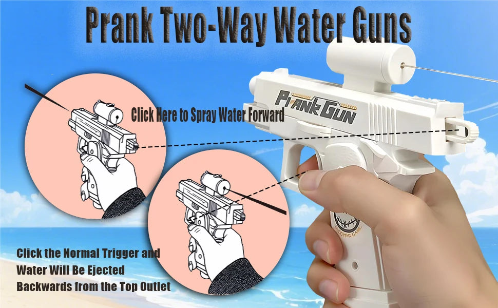 A person holds a white two-way water gun, demonstrating how to spray water forward or eject it backwards from the top outlet.