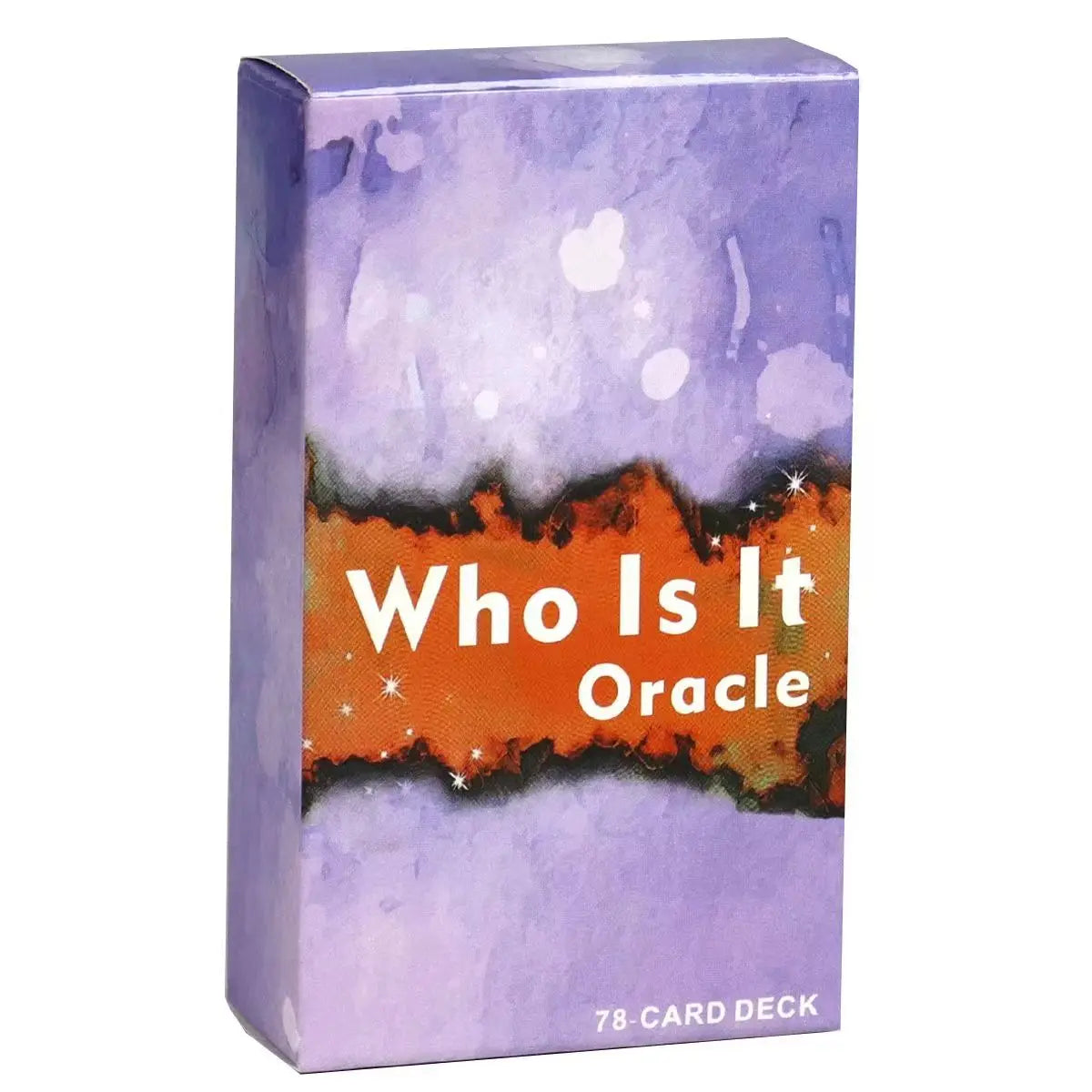 A box of the Who Is It Oracle deck featuring a purple and orange watercolor design.