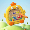 A yellow, egg-shaped magnetic bead puzzle board with orange features is shown against a green, outdoor background.