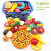 A set of 25 colorful pretend play cutting food toys including fruits and vegetables in a shopping basket.