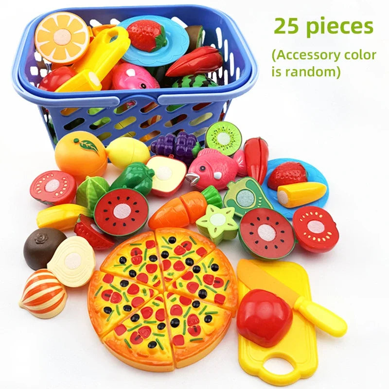 A set of 25 colorful pretend play cutting food toys including fruits and vegetables in a shopping basket.
