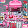 A pink kids doctor role play set featuring a medical trolley, stethoscope, tongue depressor, and various medical tools.