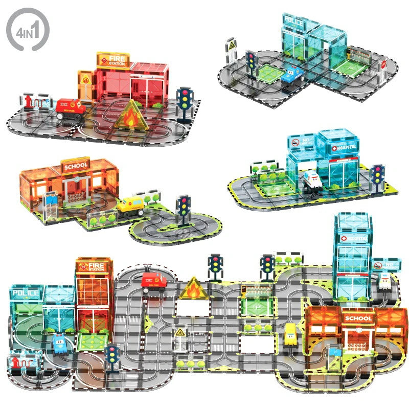 A set of magnetic building tiles featuring a road and rail system with an electric car.