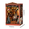 A wooden 3D puzzle dollhouse kit depicting a magical city castle scene with detailed interiors and figures.
