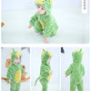 A green dinosaur hooded romper for a baby, shown in various poses and close-ups.