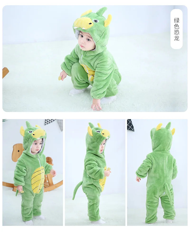 A green dinosaur hooded romper for a baby, shown in various poses and close-ups.