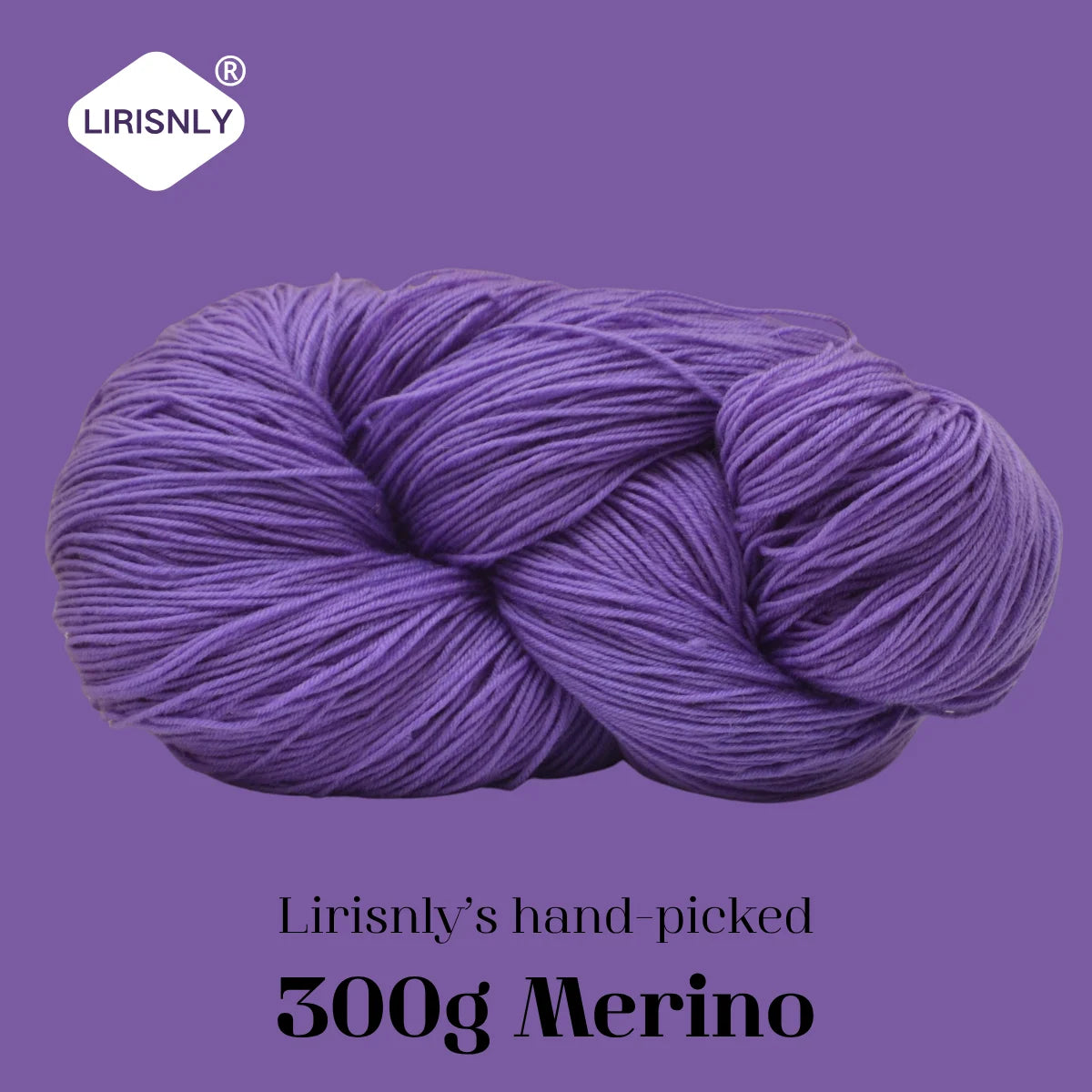 A ball of purple Merino wool yarn, hand-picked and 300g, shown against a purple background.