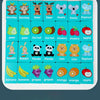 A wooden matching puzzle game featuring various farm animals and fruits for children.