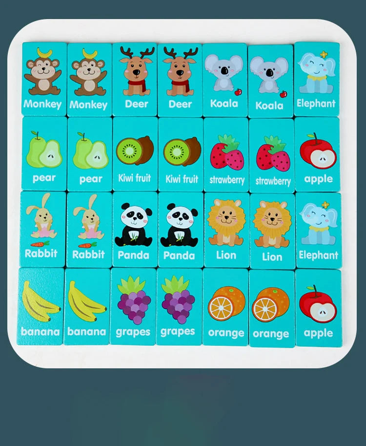 A wooden matching puzzle game featuring various farm animals and fruits for children.