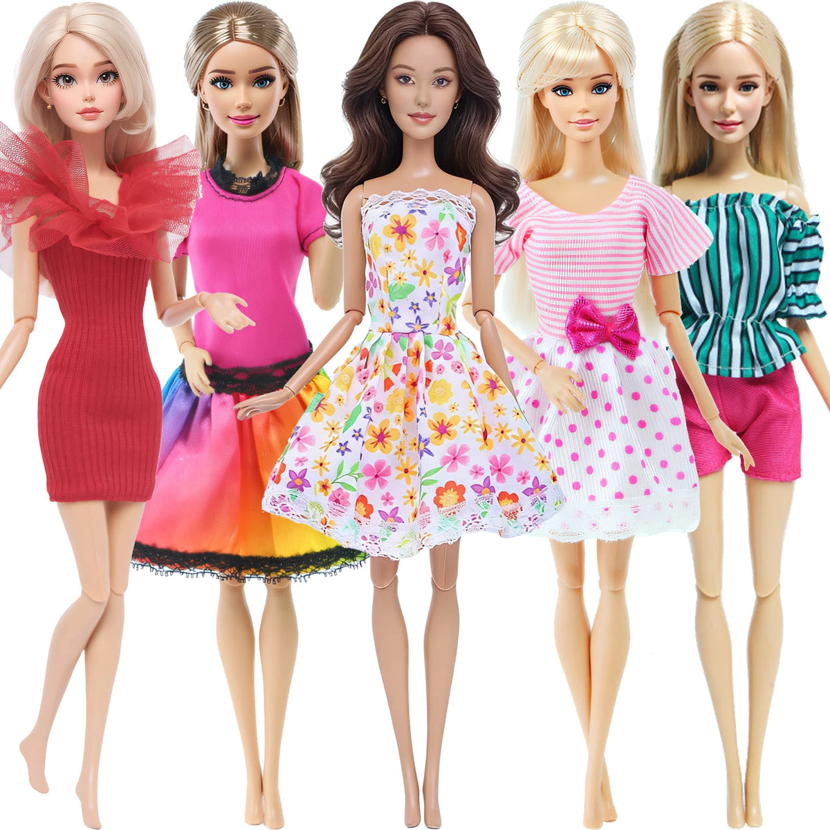 A set of five handmade casual doll outfits for 1/6 scale dolls featuring various colors and styles.