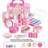 A pink kids pretend makeup kit set including various cosmetic items like lip gloss, polish, and face masks.