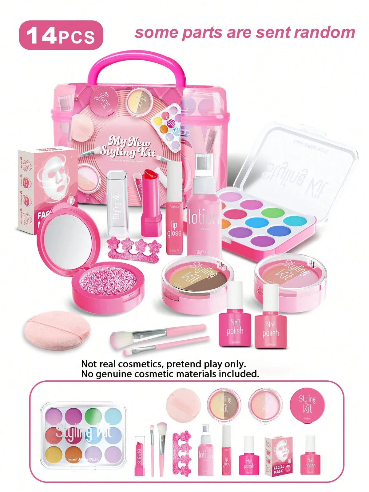 A pink kids pretend makeup kit set including various cosmetic items like lip gloss, polish, and face masks.