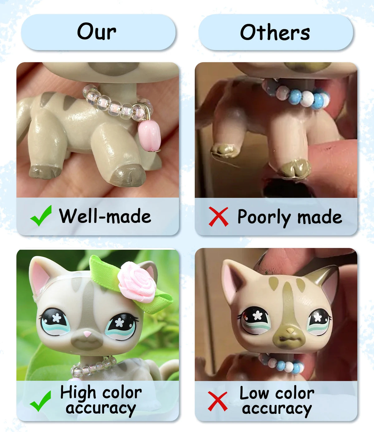 Comparison of a well-made doll accessory set with high color accuracy versus a poorly made one.