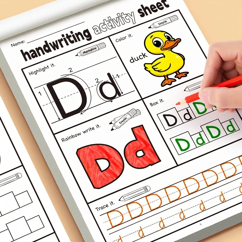 A hand is writing and coloring letters D and d on a handwriting activity sheet for children.