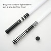 Two white lightsabers with black grips are displayed on a white background.