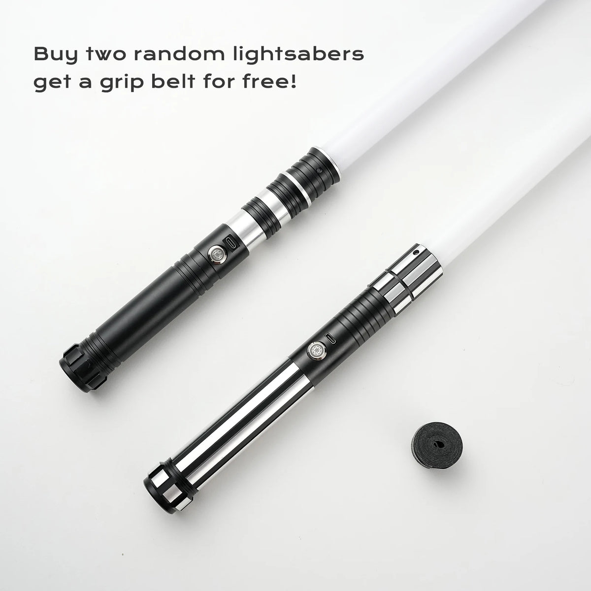 Two white lightsabers with black grips are displayed on a white background.