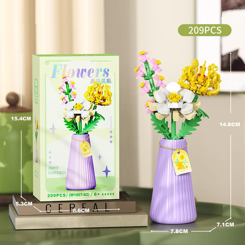 A set of 209 flower bouquet building blocks with a vase for DIY home decor
