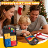 A family is playing with an electronic sliding block puzzle and a separate puzzle on a wooden table.