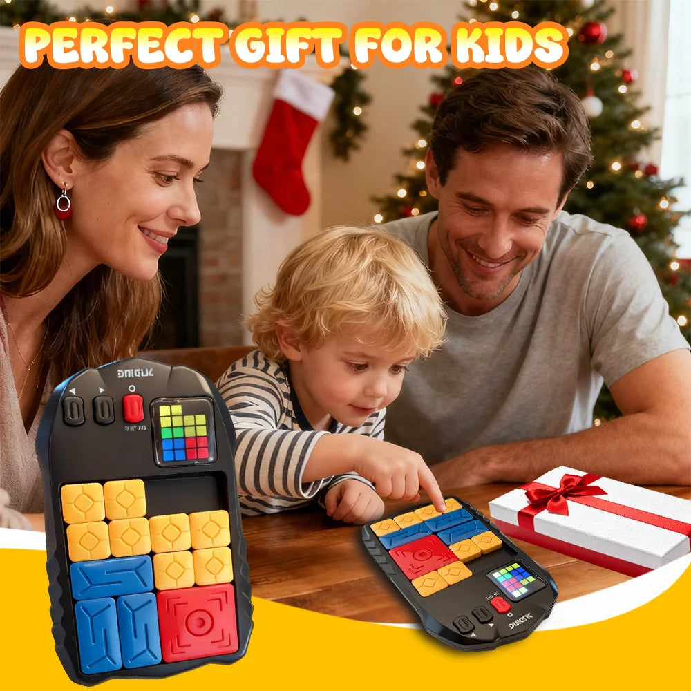 A family is playing with an electronic sliding block puzzle and a separate puzzle on a wooden table.