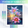 A painting by numbers kit featuring a vibrant pink and purple lily flower on a dark blue background.