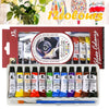 A set of 12 colored acrylic, watercolor, and glass paints for DIY art projects displayed in a box.