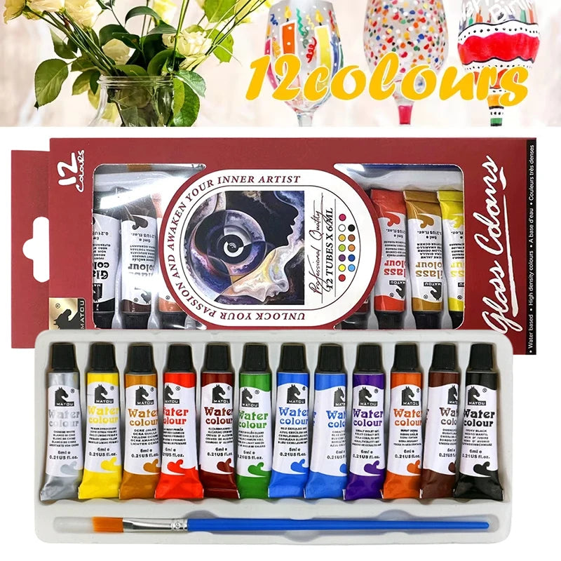 A set of 12 colored acrylic, watercolor, and glass paints for DIY art projects displayed in a box.