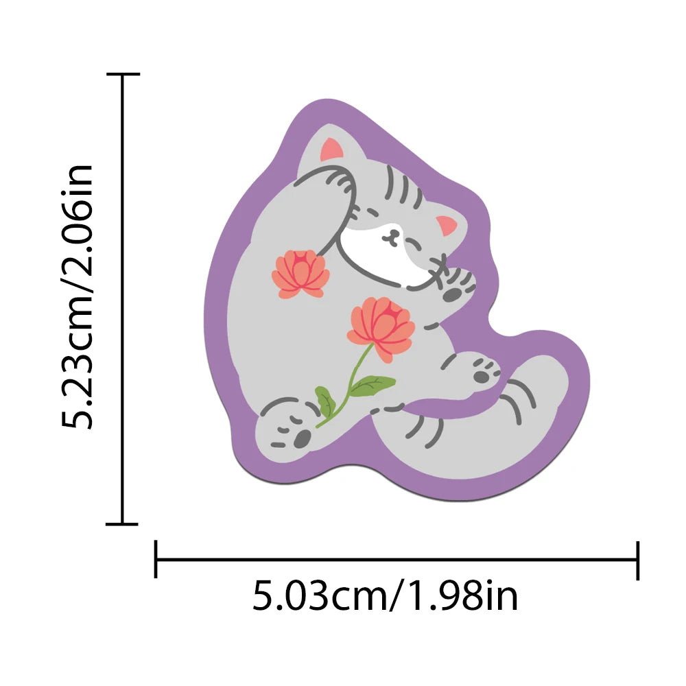 A cute cartoon cat sticker featuring a pink and white striped cat with orange flowers.