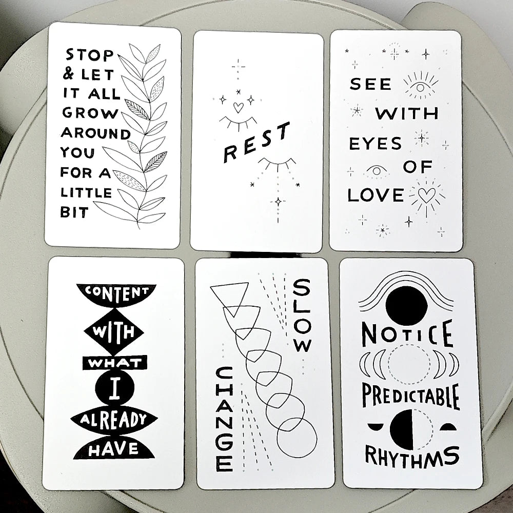 A set of six hand-illustrated oracle cards featuring various affirmations and concepts like Stop & Let It Grow Around You, Re