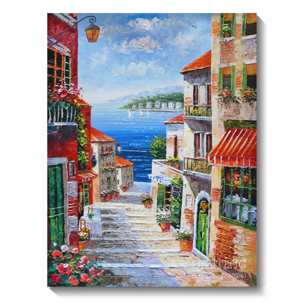 A vibrant painting depicting a sunny Mediterranean view with colorful buildings, blue sea, and distant islands.